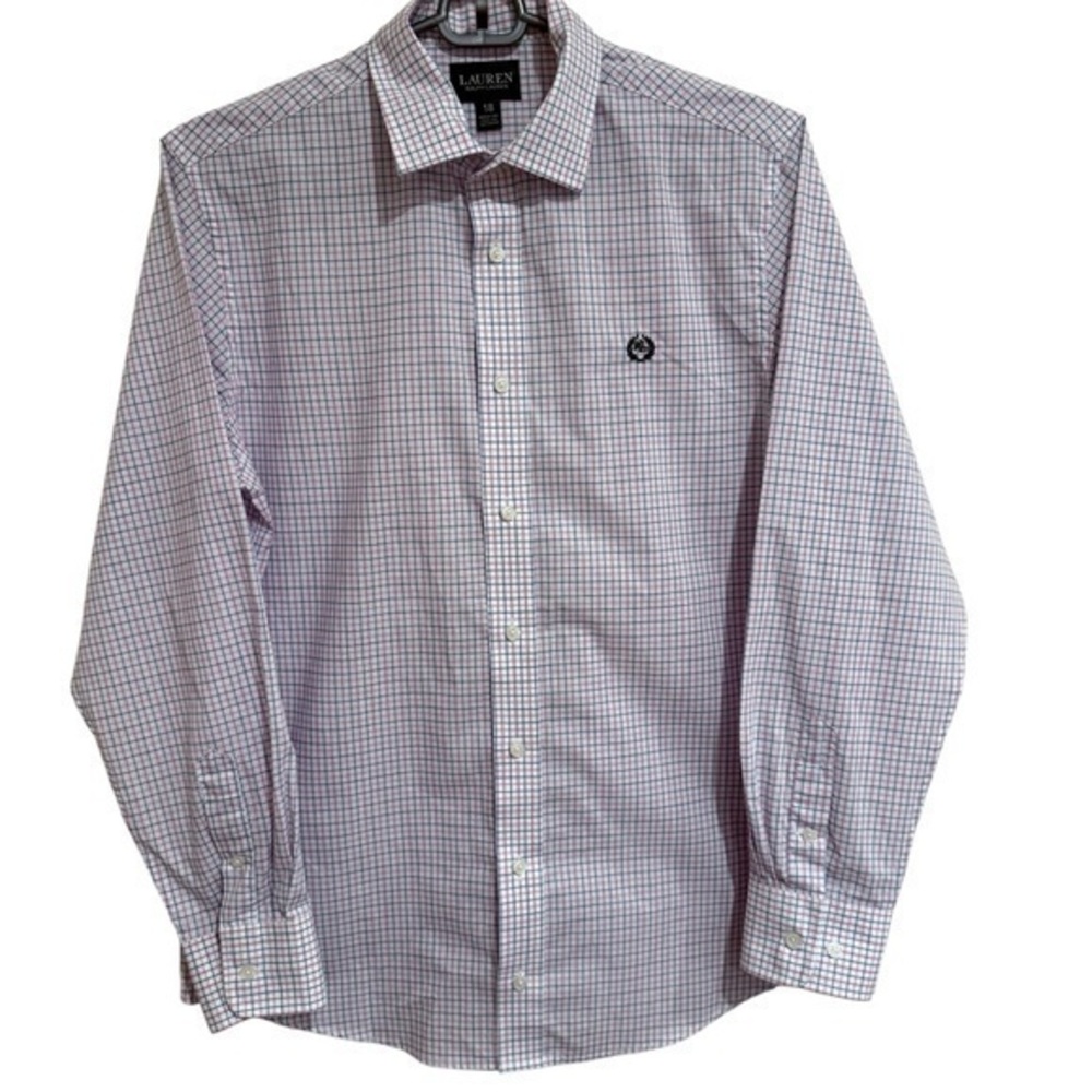 Ralph Lauren Boys Button Up Oxford Shirt White Plaid Crest Logo size 18 Youth